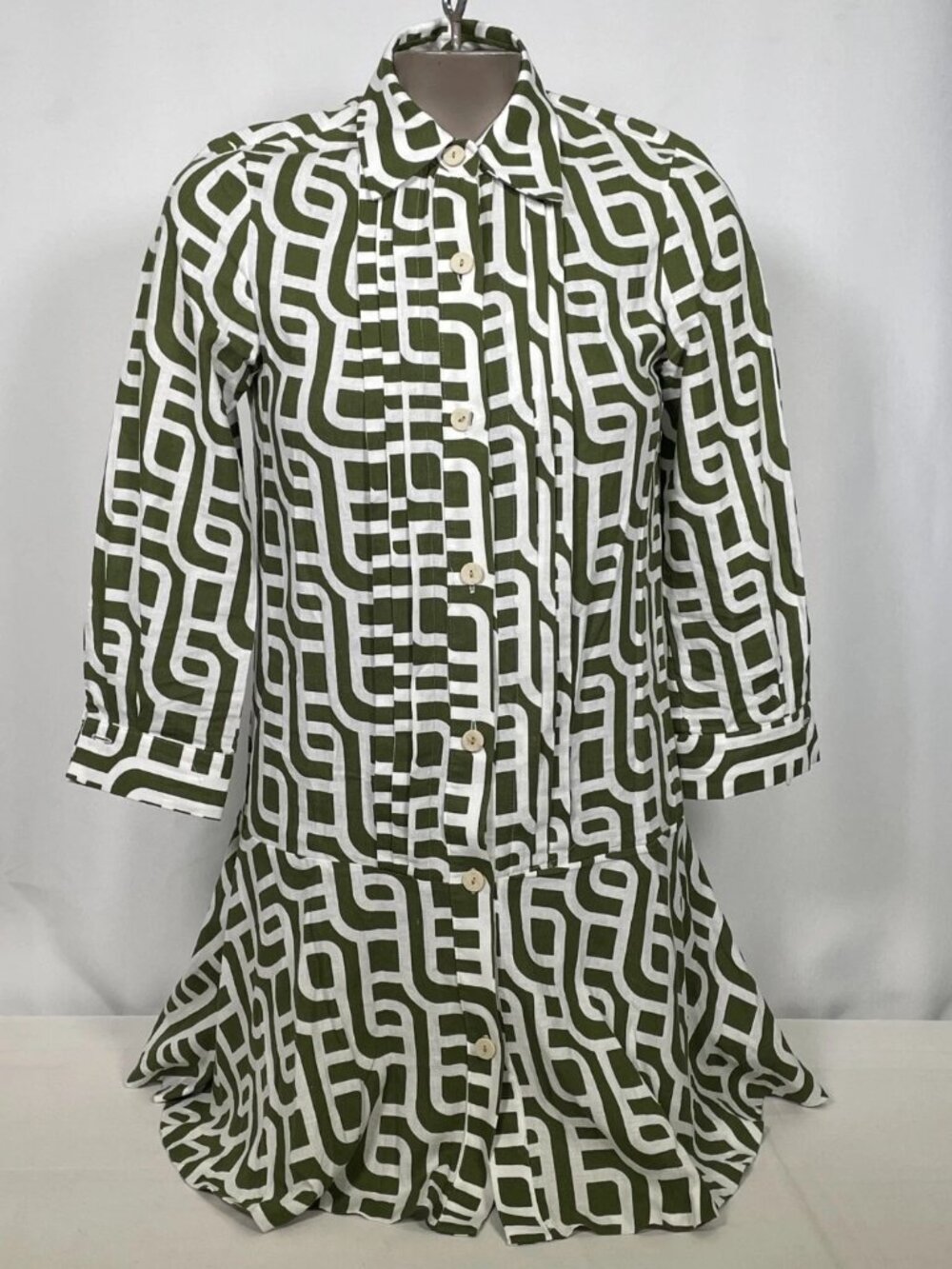 Zara Green Geometric Print Linen Drop Waist Collared Mini Shirt Dress Women's XS
